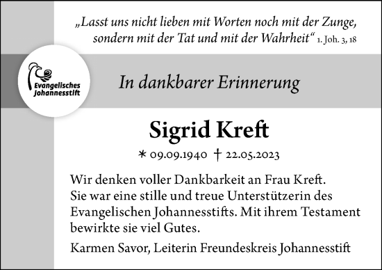 Traueranzeige von Sigrid Kreft von Berliner Morgenpost
