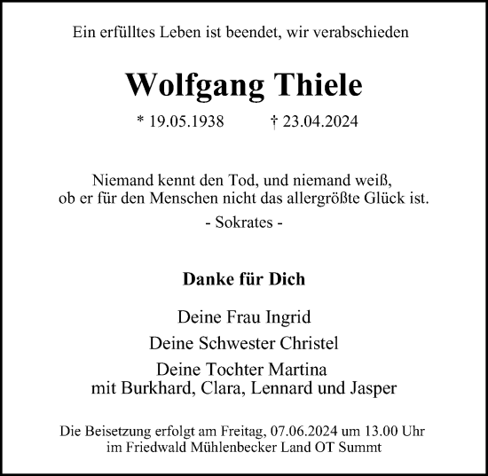 Traueranzeige von Wolfgang Thiele von Berliner Morgenpost