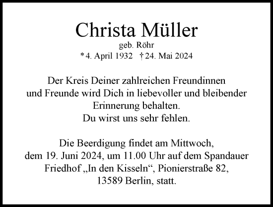 Traueranzeige von Christa Müller von Berliner Morgenpost