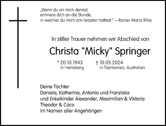 Traueranzeige von Christa  Springer von Berliner Morgenpost