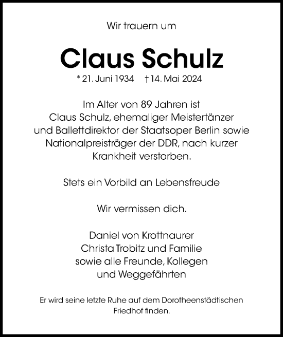 Traueranzeige von Claus Schulz von Berliner Morgenpost