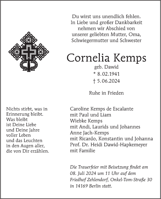 Traueranzeige von Cornelia Kemps von Berliner Morgenpost