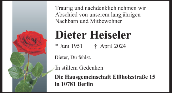 Traueranzeige von Dieter Heiseler von Berliner Morgenpost