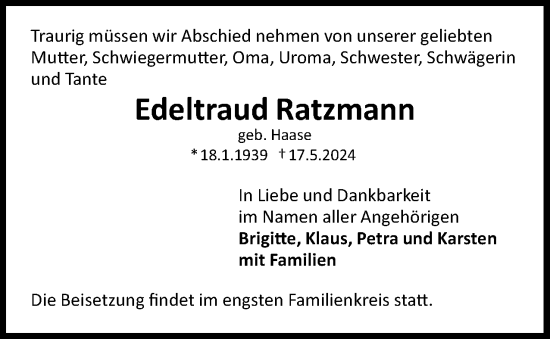 Traueranzeige von Edeltraud Ratzmann 