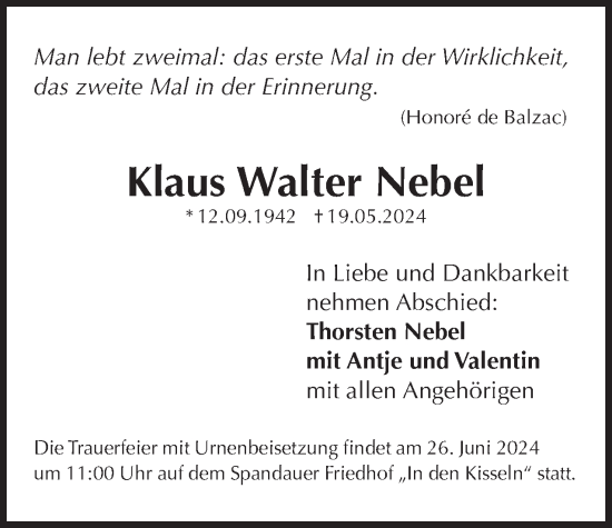 Traueranzeige von Klaus Walter Nebel 