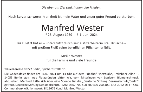 Traueranzeige von Manfred Wester von Berliner Morgenpost