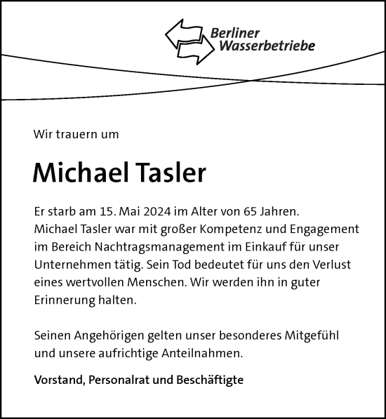 Traueranzeige von Michael Tasler von Berliner Morgenpost