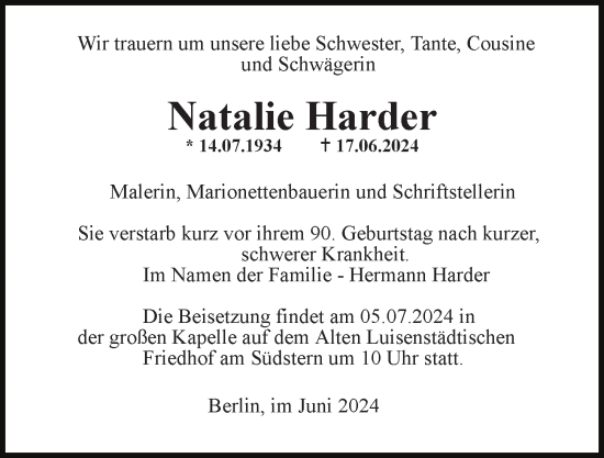 Traueranzeige von Natalie Harder von Berliner Morgenpost