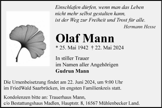 Traueranzeige von Olaf Mann von Berliner Morgenpost