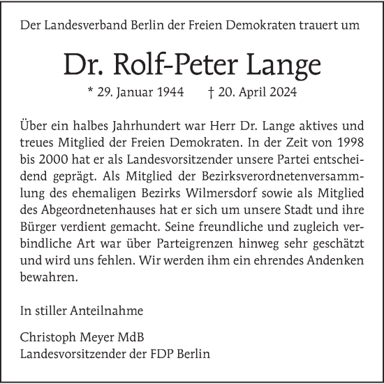 Traueranzeige von Rolf-Peter Lange von Berliner Morgenpost