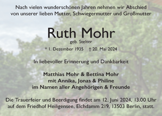 Traueranzeige von Ruth Mohr von Berliner Morgenpost