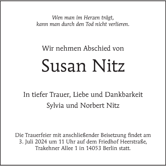Traueranzeige von Susan Nitz von Berliner Morgenpost