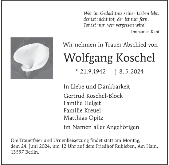 Traueranzeige von Wolfgang Koschel von Berliner Morgenpost