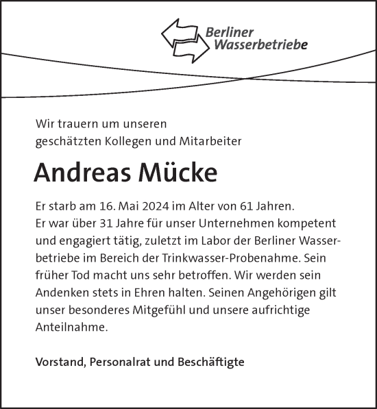 Traueranzeige von Andreas Mücke von Berliner Morgenpost