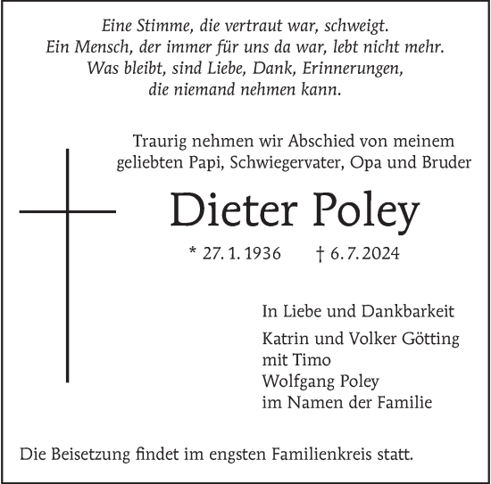 Traueranzeige von Dieter Poley von Berliner Morgenpost