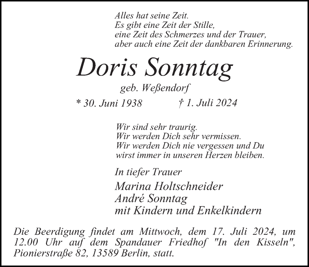  Traueranzeige für Doris Sonntag vom 13.07.2024 aus 