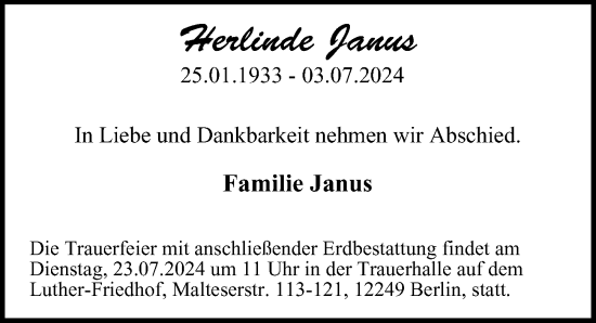 Traueranzeige von Herlinde Janus von Berliner Morgenpost