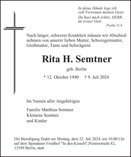 Traueranzeige von Rita Semtner von Berliner Morgenpost