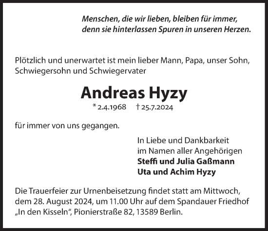 Traueranzeige von Andreas Hyzy 