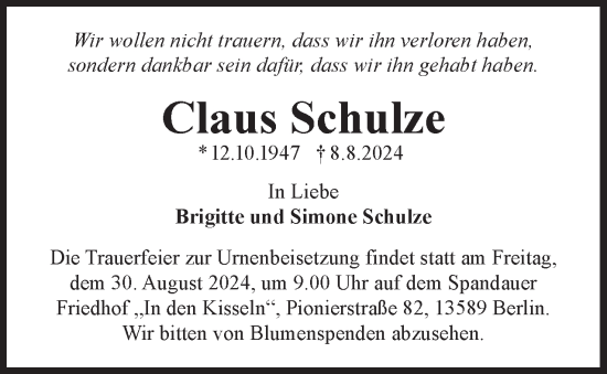 Traueranzeige von Claus Schulze 