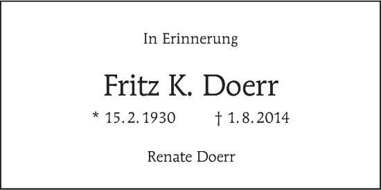 Traueranzeige von Fritz K. Doerr von Berliner Morgenpost