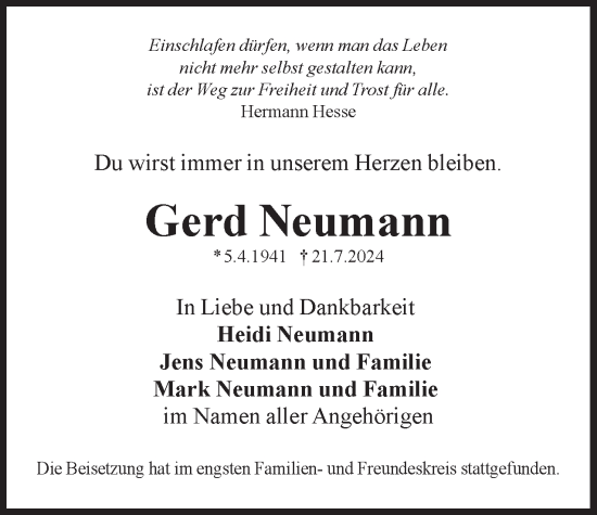 Traueranzeige von Gerd Neumann 