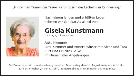 Traueranzeige von Gisela Kunstmann 