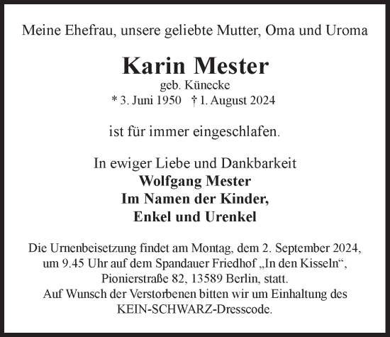 Traueranzeige von Karin Mester 