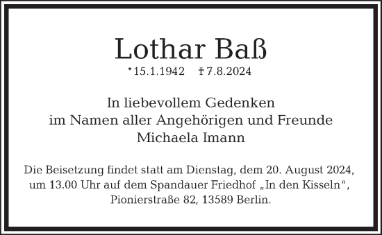 Traueranzeige von Lothar Baß 