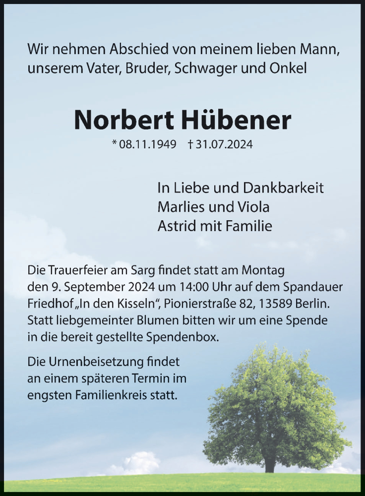  Traueranzeige für Norbert Hübener vom 10.08.2024 aus 