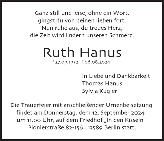 Traueranzeige von Ruth Hanus 