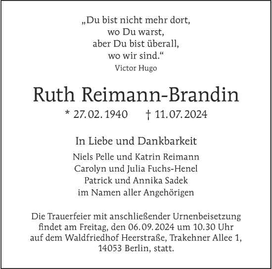 Traueranzeige von Ruth Reimann-Brandin von Berliner Morgenpost