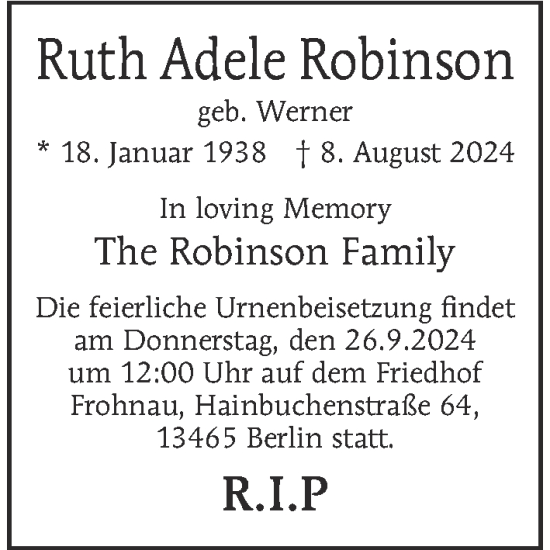 Traueranzeige von Ruth Adele Robinson von Berliner Morgenpost