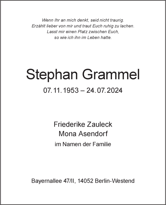 Traueranzeige von Stephan Grammel von Berliner Morgenpost