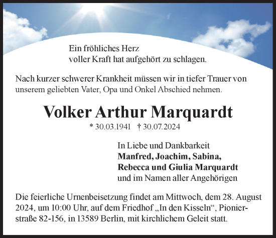 Traueranzeige von Volker Arthur Marquardt 