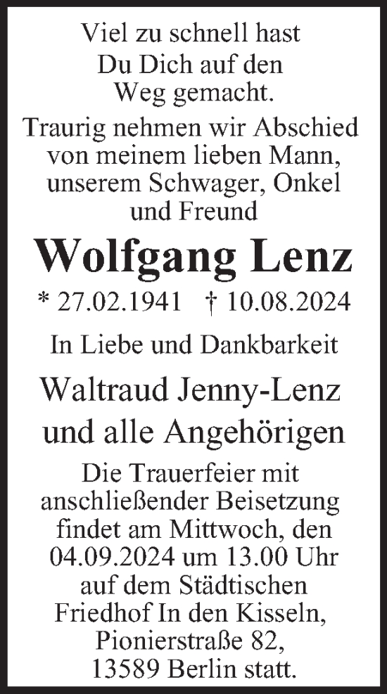 Traueranzeige von Wolfgang Lenz 