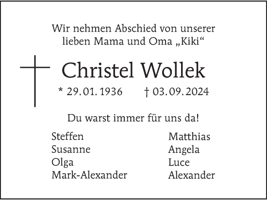 Traueranzeige von Christel Wollek von Berliner Morgenpost