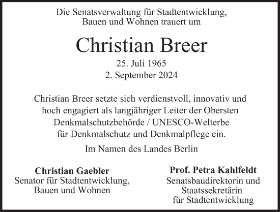 Traueranzeige von Christian Breer von Berliner Morgenpost