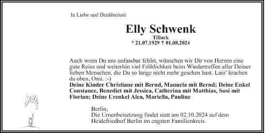 Traueranzeige von Elly Schwenk von Berliner Morgenpost