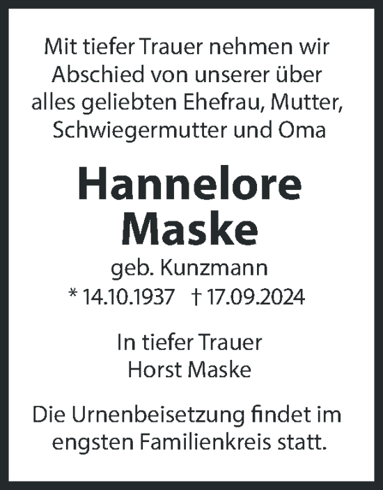 Traueranzeige von Hannelore Maske 