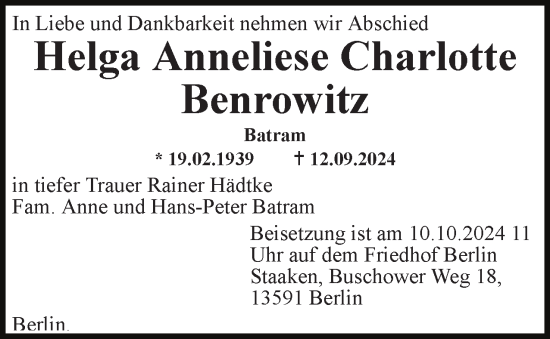 Traueranzeige von Helga Anneliese Charlotte Benrowitz 