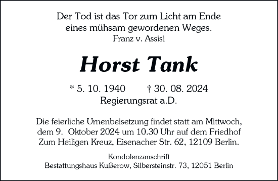 Traueranzeige von Horst Tank von Berliner Morgenpost