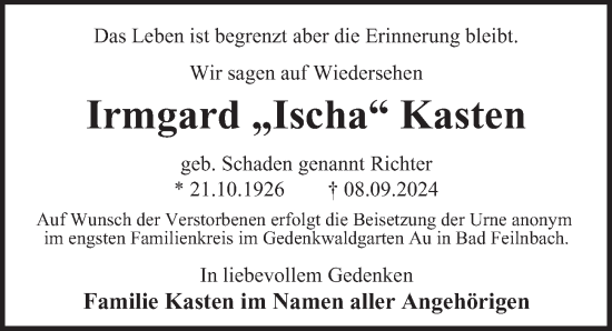 Traueranzeige von Irmgard  Kasten von Berliner Morgenpost