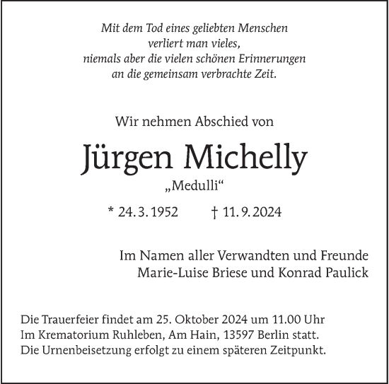 Traueranzeige von Jürgen Michelly von Berliner Morgenpost