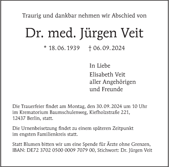 Traueranzeige von Jürgen Veit von Berliner Morgenpost