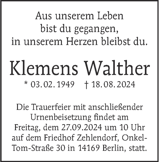 Traueranzeige von Klemens Walther von Berliner Morgenpost