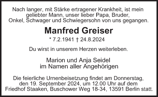 Traueranzeige von Manfred Greiser 