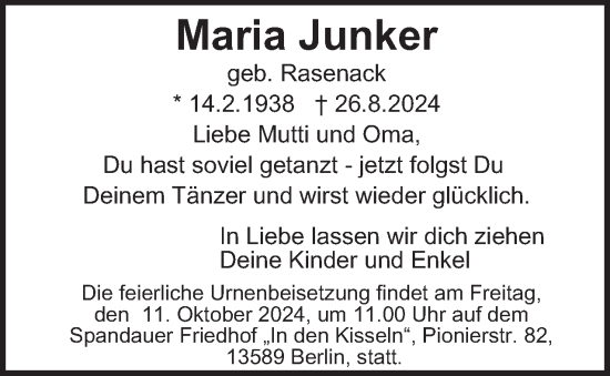 Traueranzeige von Maria Junker 