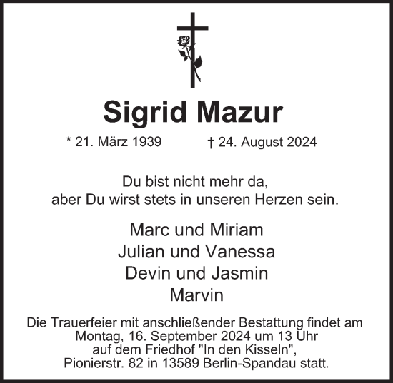 Traueranzeige von Sigrid Mazur von Berliner Morgenpost