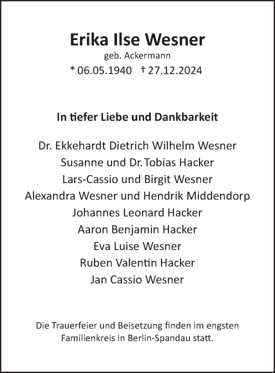 Traueranzeige von Erika Ilse Wesner 